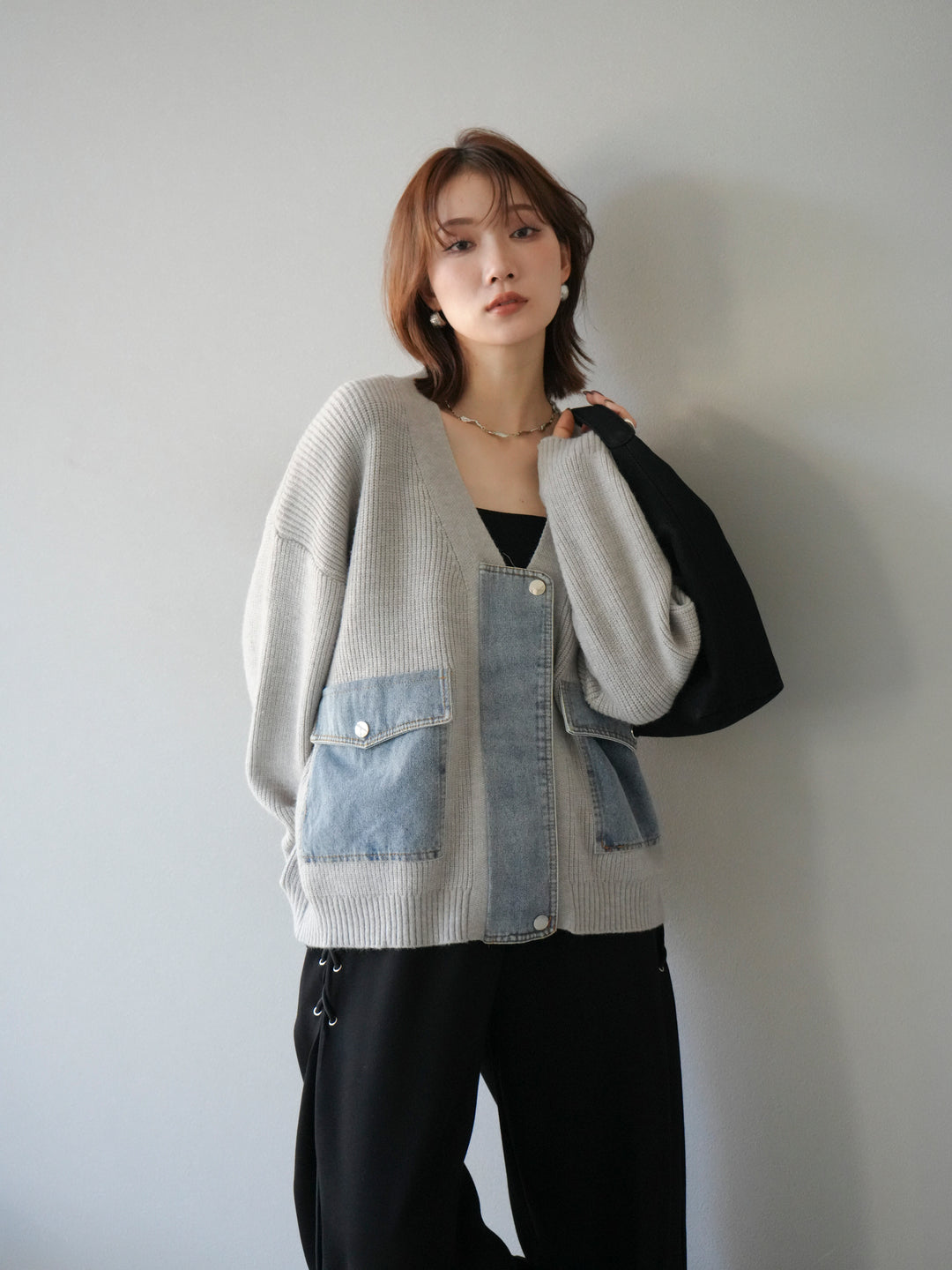 [予約]デニムポケットデザインニットカーディガン/グレー