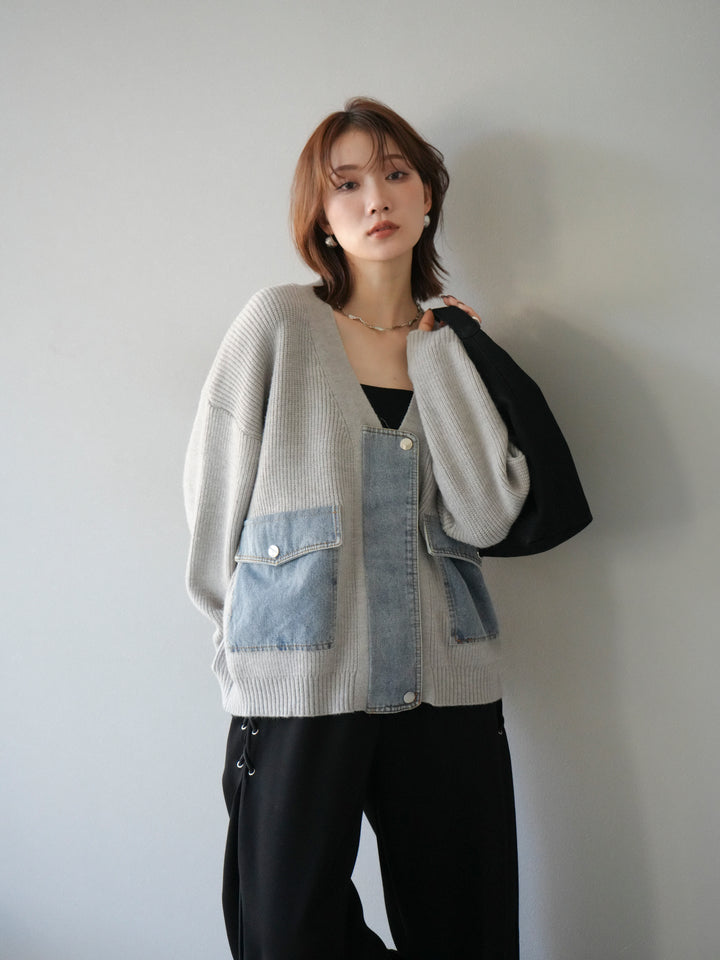 [予約]デニムポケットデザインニットカーディガン/グレー