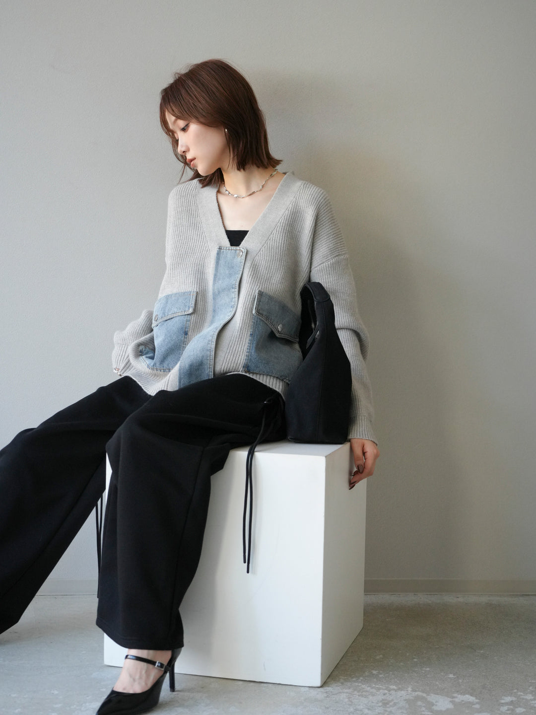 [予約]デニムポケットデザインニットカーディガン/グレー