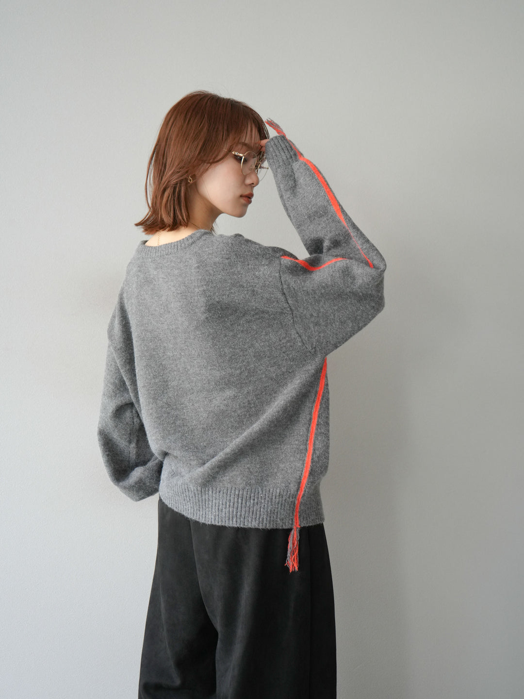 [SET]配色ステッチフリンジニットプルオーバー +スウェードタックワイドパンツ(2set)