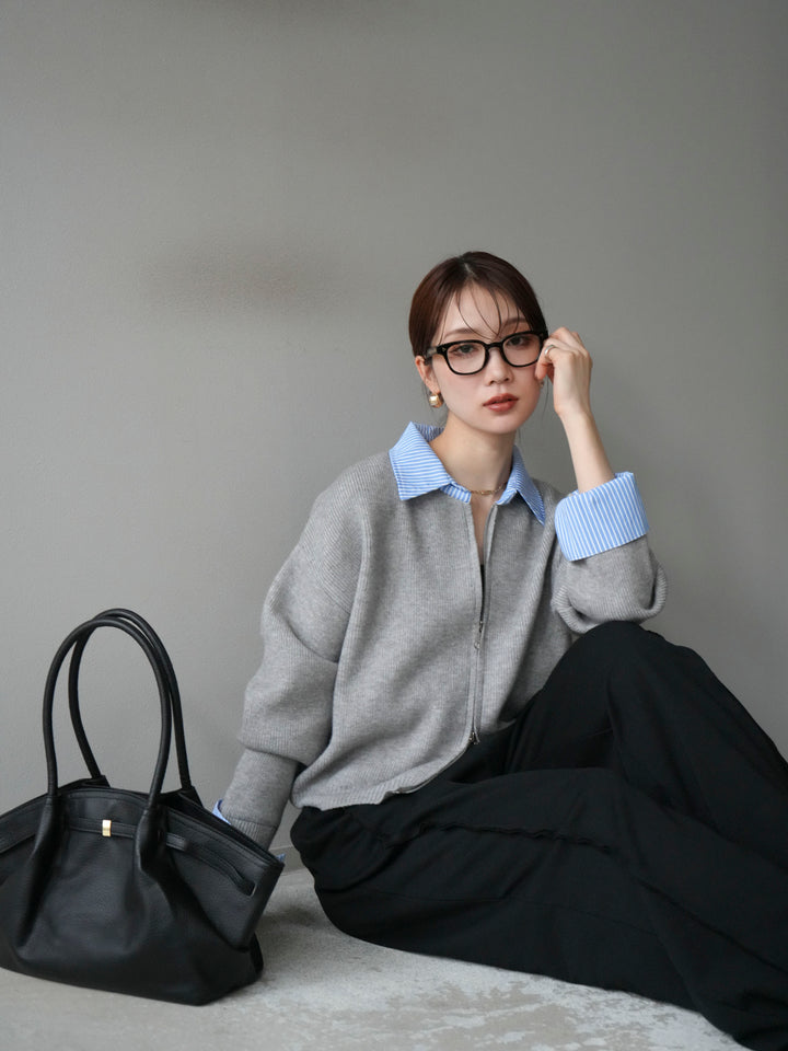 [SET]ストライプシャツレイヤードZIPニットカーディガン+選べるアクセセット(2set)