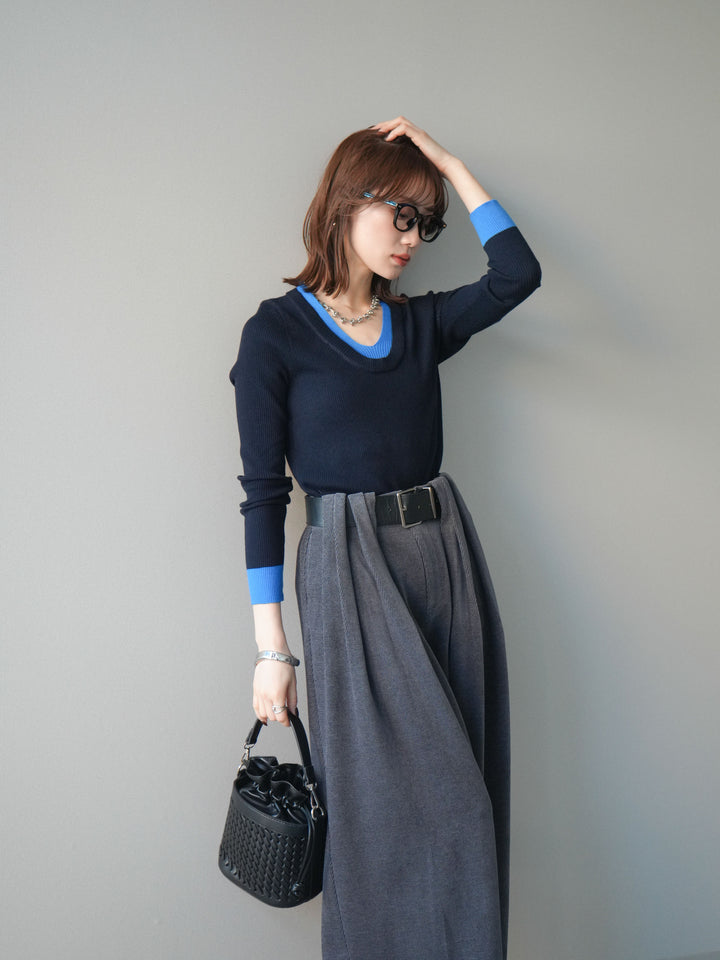 [SET]Uネック配色レイヤードリブニットトップス+ベルトデザインループコールテンワイドパンツ(ベルト付き)(2set)