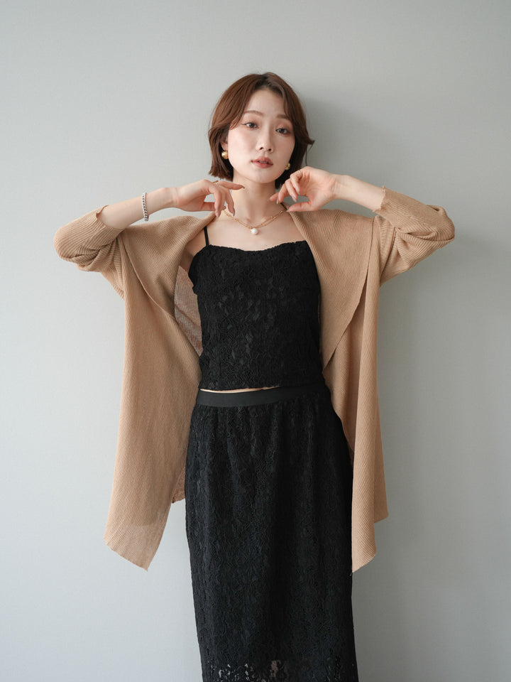 [SET]ドレープリブニットガウン+フルレースキャミ＆IラインスカートSET UP(2set)