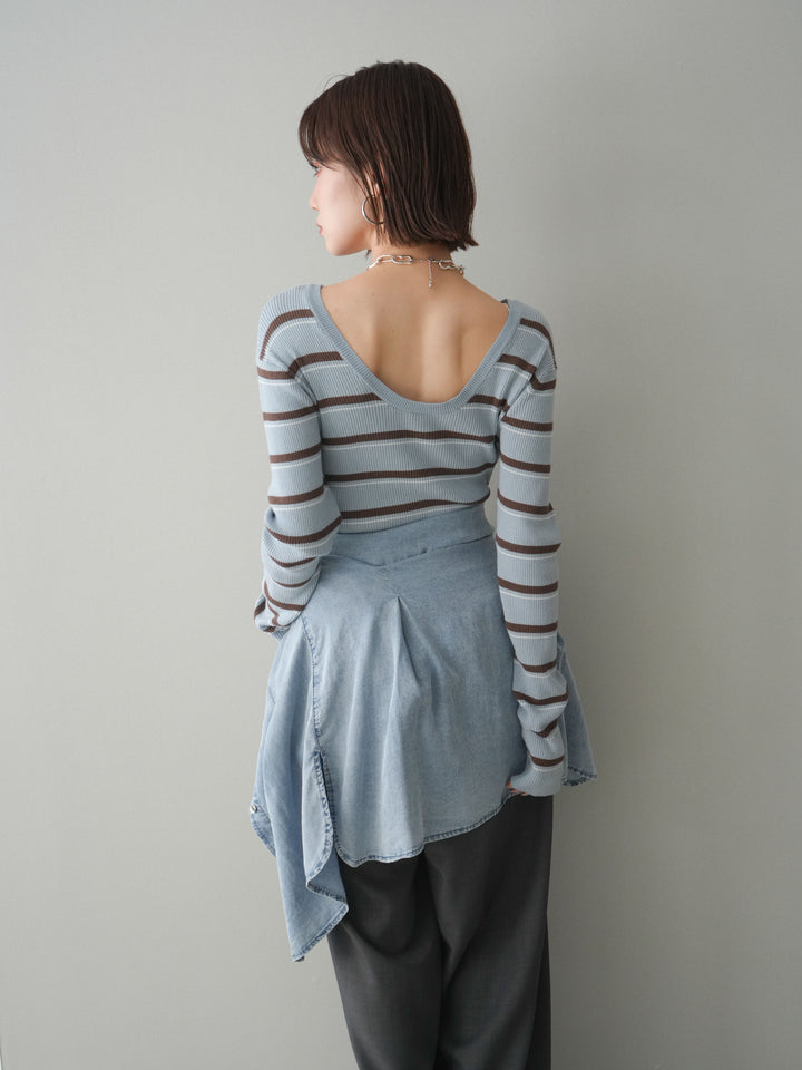 [予約]バックオープンテレコリブマルチボーダートップス/blue