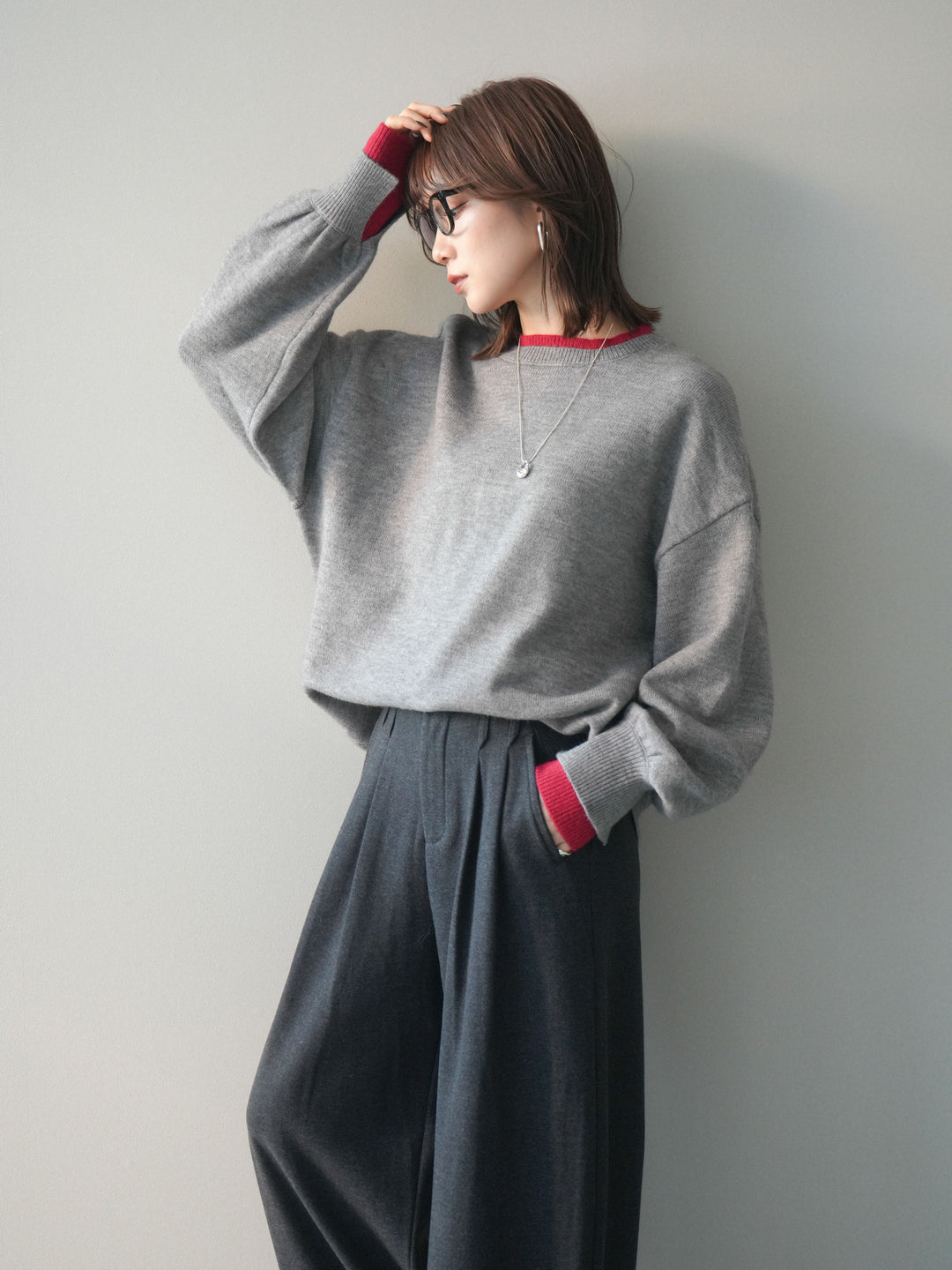 [予約]ヘンリーネック配色レイヤードニットプルオーバー/middlegray