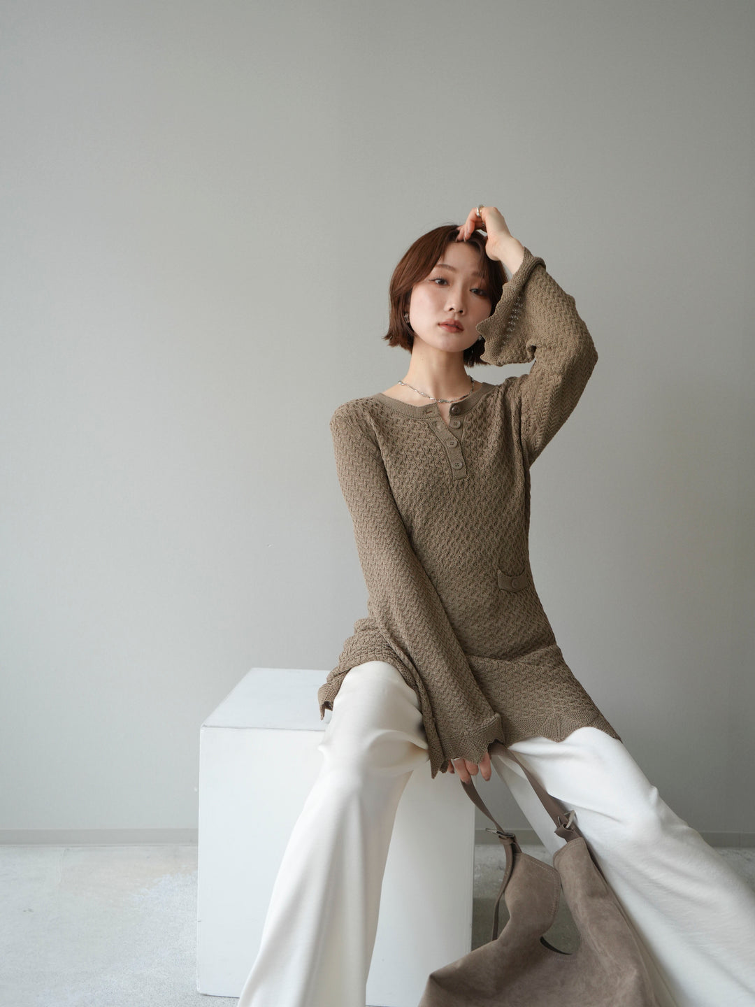 [予約]ヘンリーネックニットチュニック/khaki
