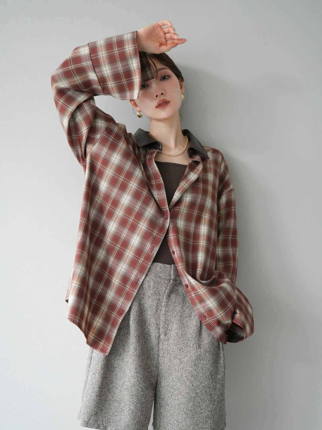 [SET]レザー襟オンブレチェックオーバーシャツ +ツイードハーフパンツ(2set)