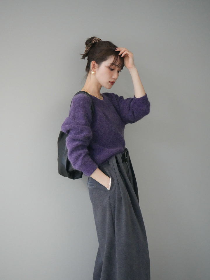 [SET]シュシュ付きアンゴラタッチVネックニットプルオーバー+選べるアクセセット(2set)