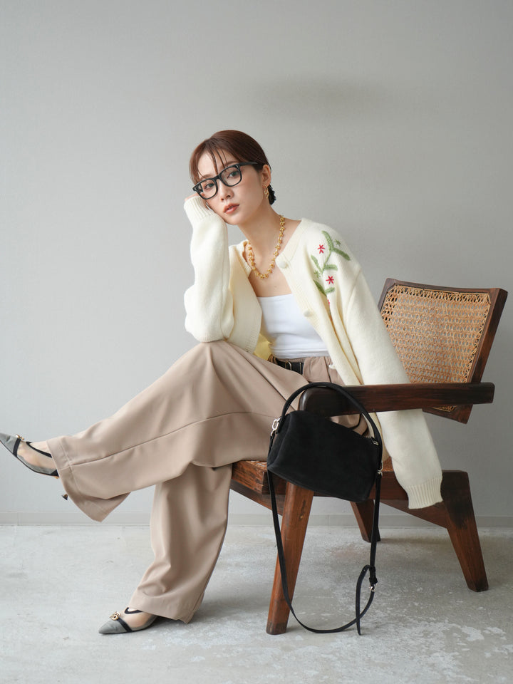 [SET]フラワー刺繍ニットカーディガン+ベルト付タックワイドパンツ(2set)