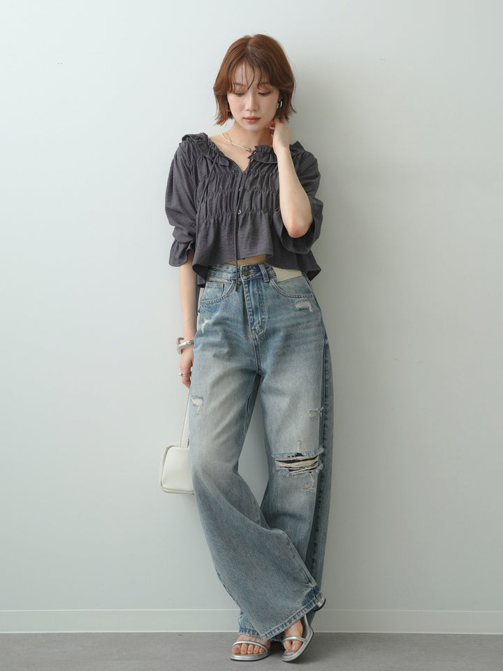 [SET]フリルネックシャーリングブラウス+ダメージデニムセミワイドパンツ(2set)