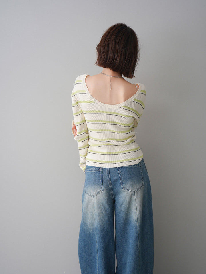 [予約]バックオープンテレコリブマルチボーダートップス/ivory