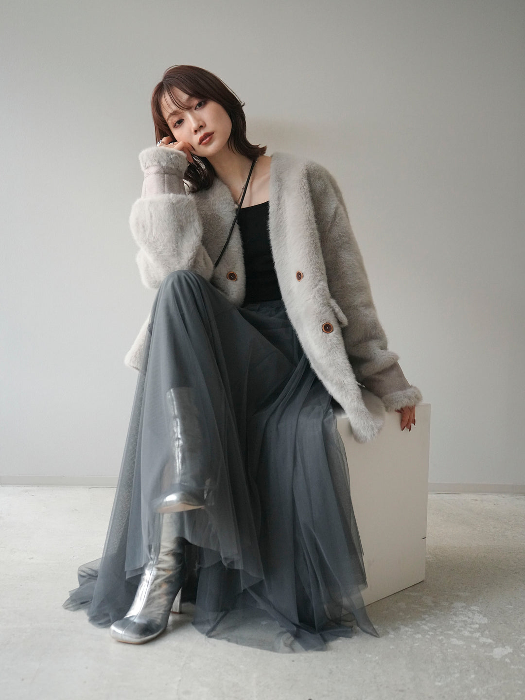 [SET]バッグ付エコファーノーカラーコート+チュールボリュームスカート(2set)