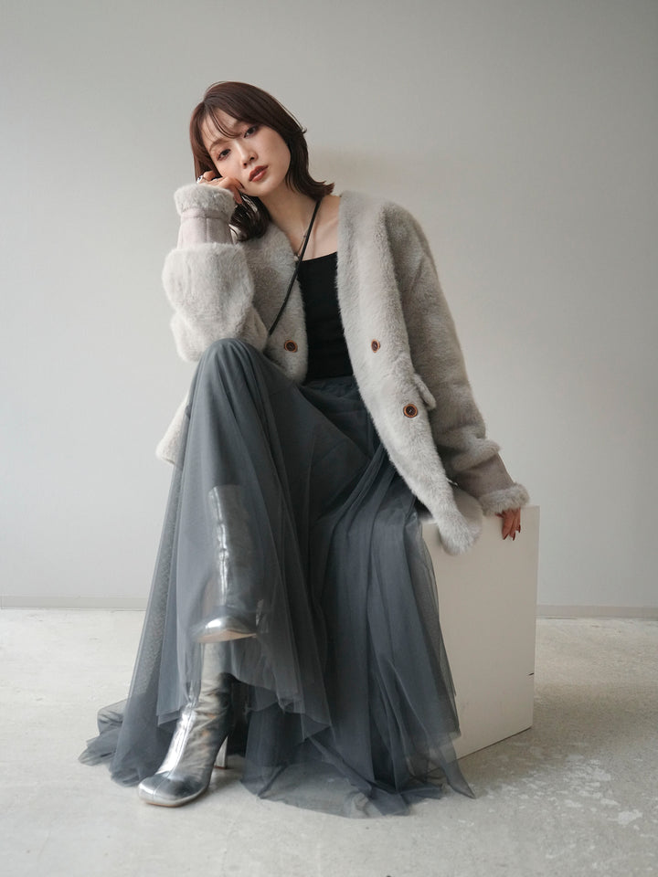 [SET]バッグ付エコファーノーカラーコート+チュールボリュームスカート(2set)