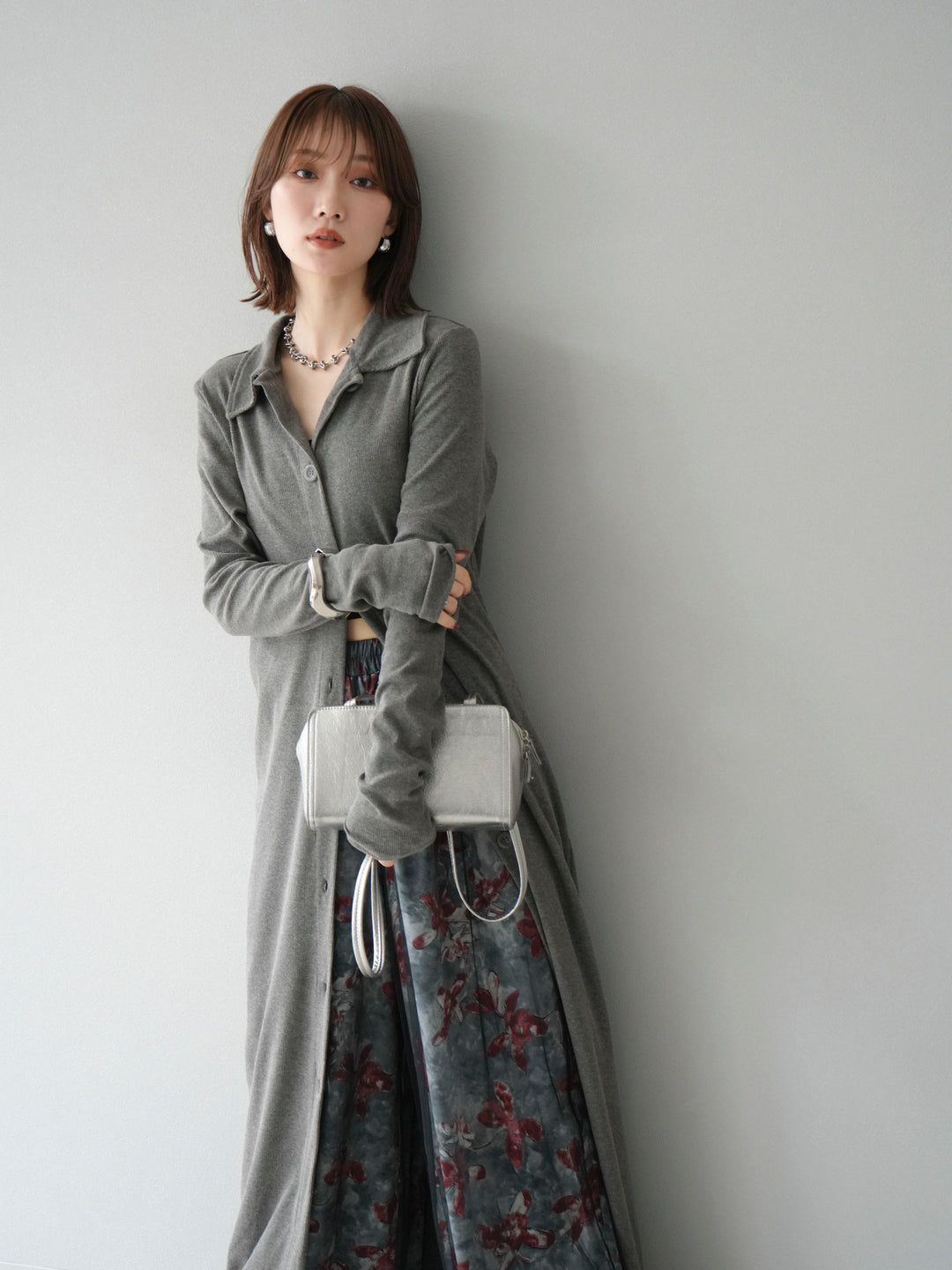 [SET]襟付きカットリブボタンワンピース+フラワープリントチュールレイヤードパンツ(2set)