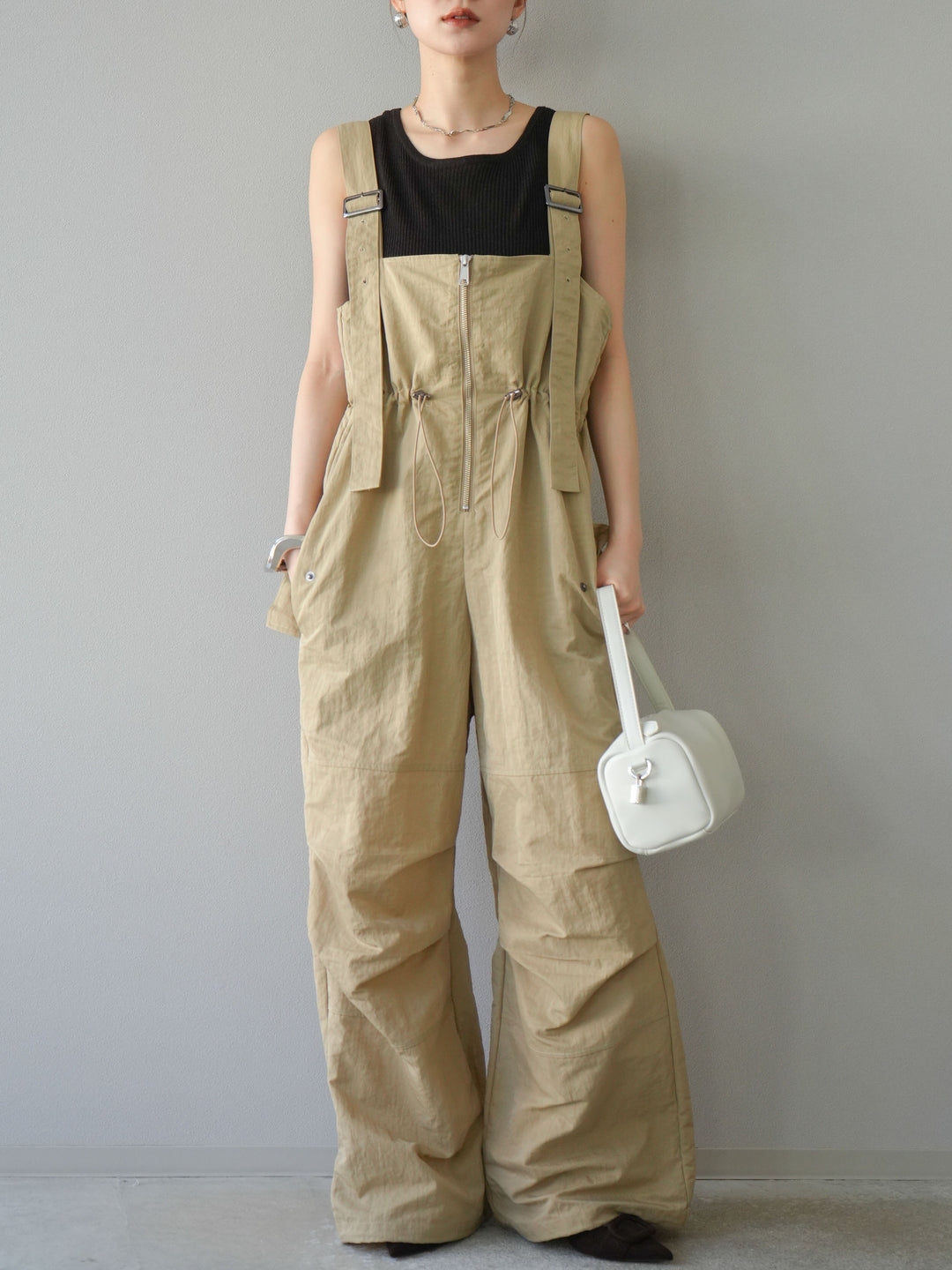 [予約]ナイロンタックデザインサロペット/ベージュ