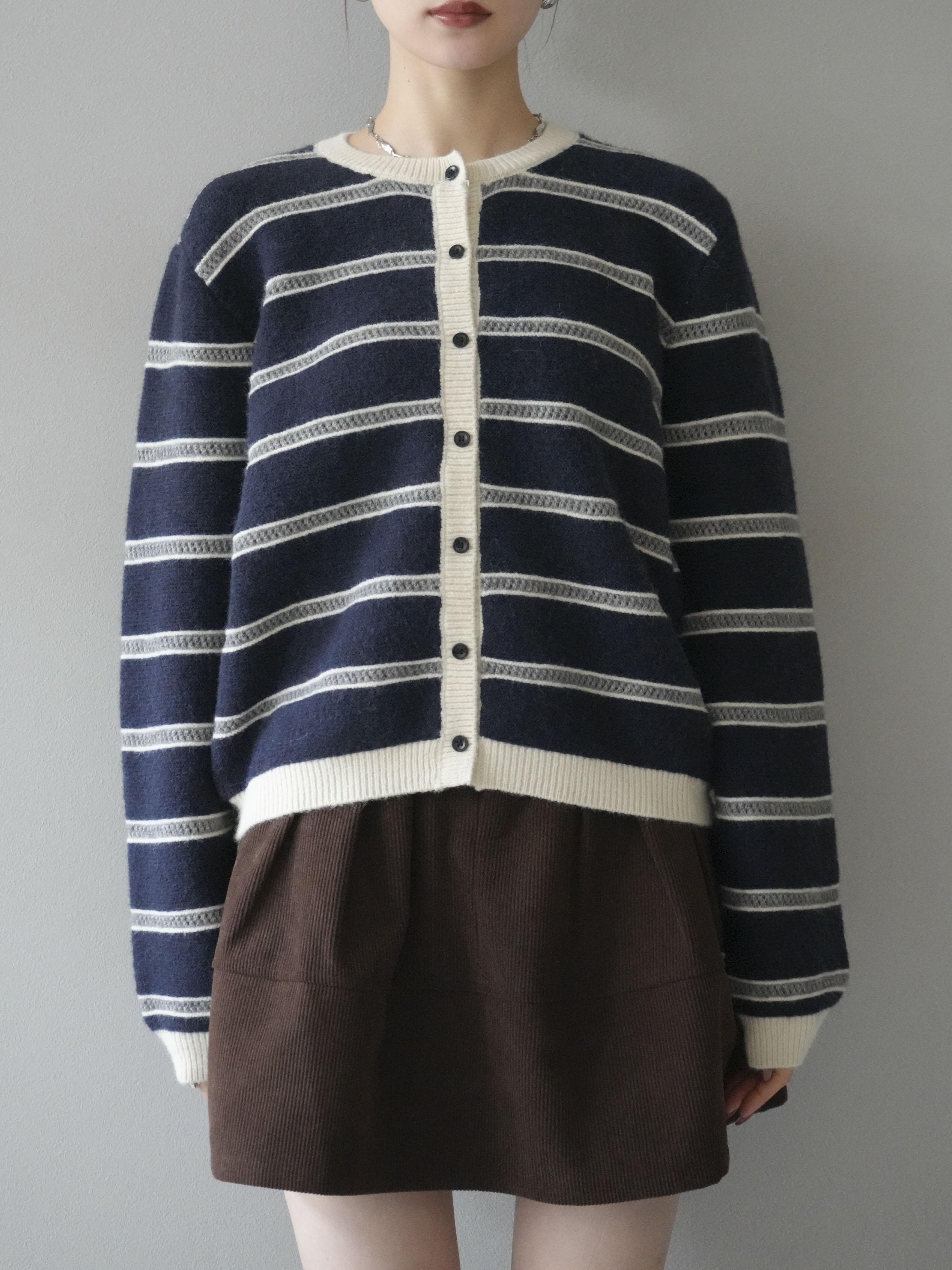 予約]配色ボーダーニットカーディガン/navy – Lumier