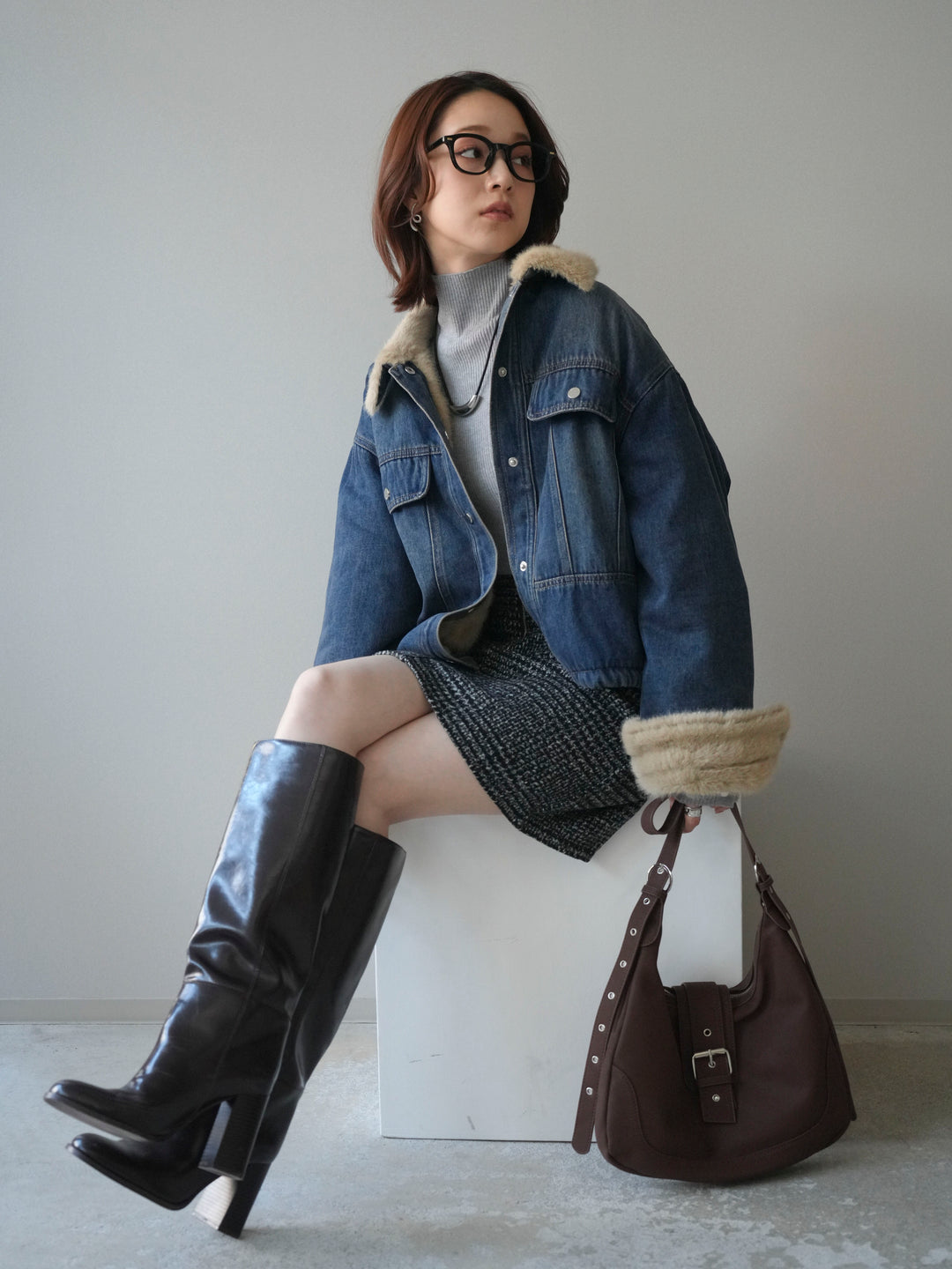 [予約]デニム×ファーステンカラーショートジャケット/blue