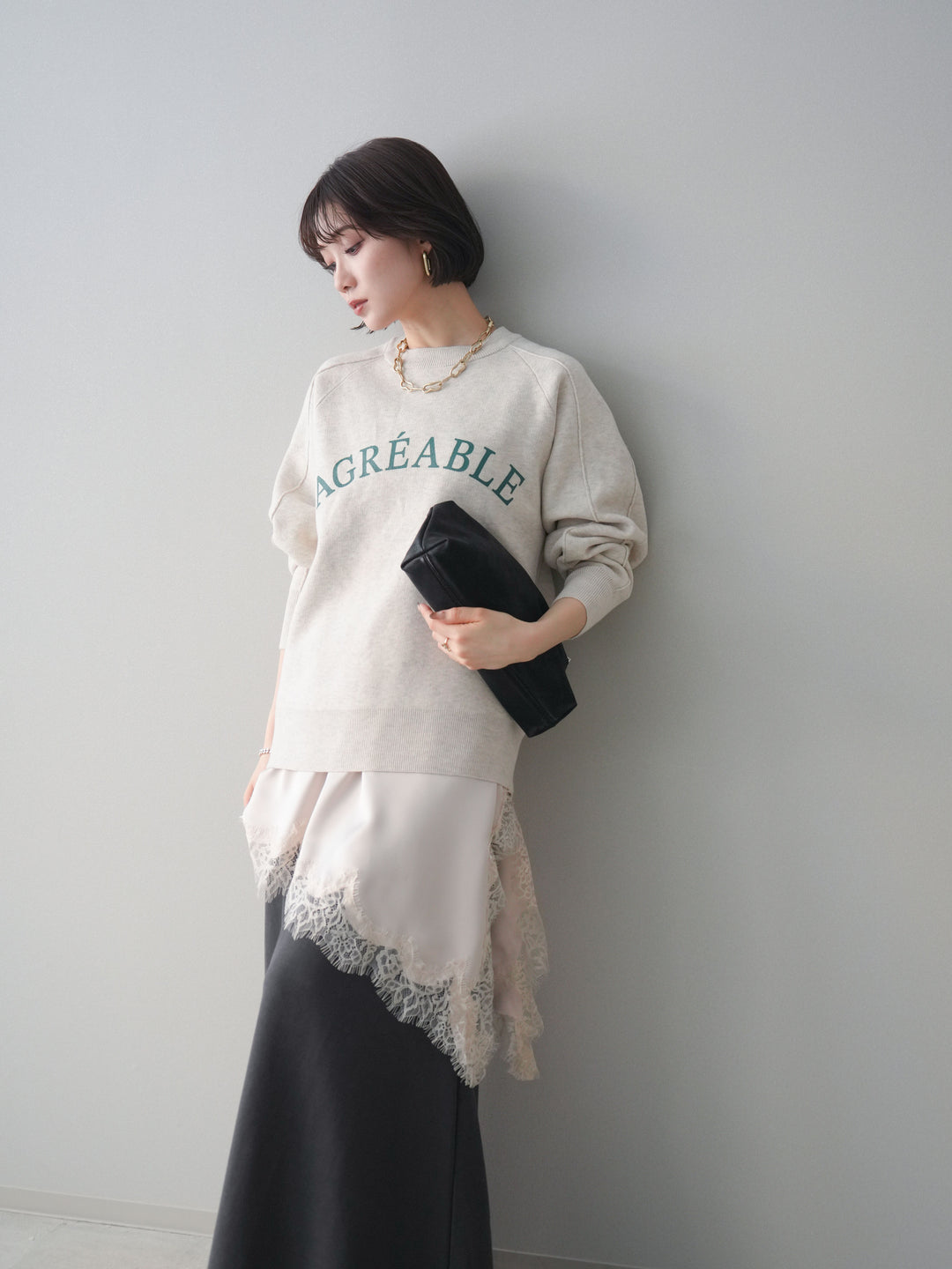 [予約]半ラバープリントロゴスウェットライクニットプルオーバー/oatmeal