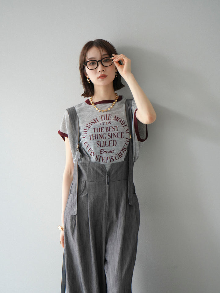 [SET]ストリングデザインハイウエストサロペット+シアーフライス ロゴプリントT (2set)