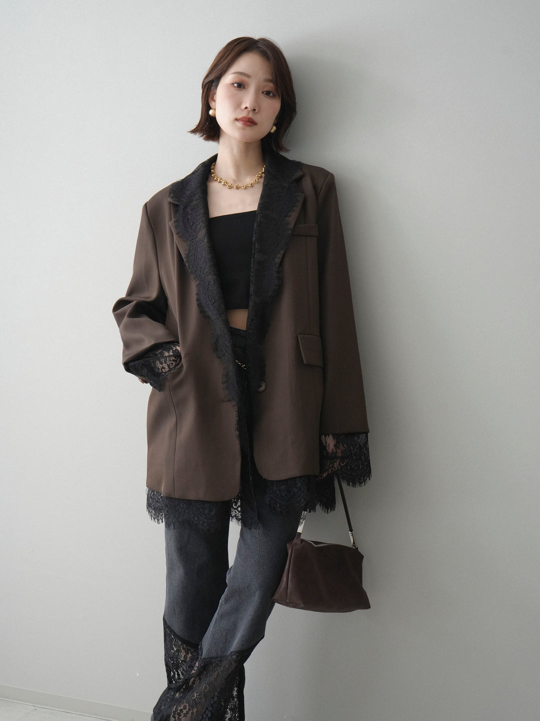 [予約]レースドッキングオーバージャケット/brown