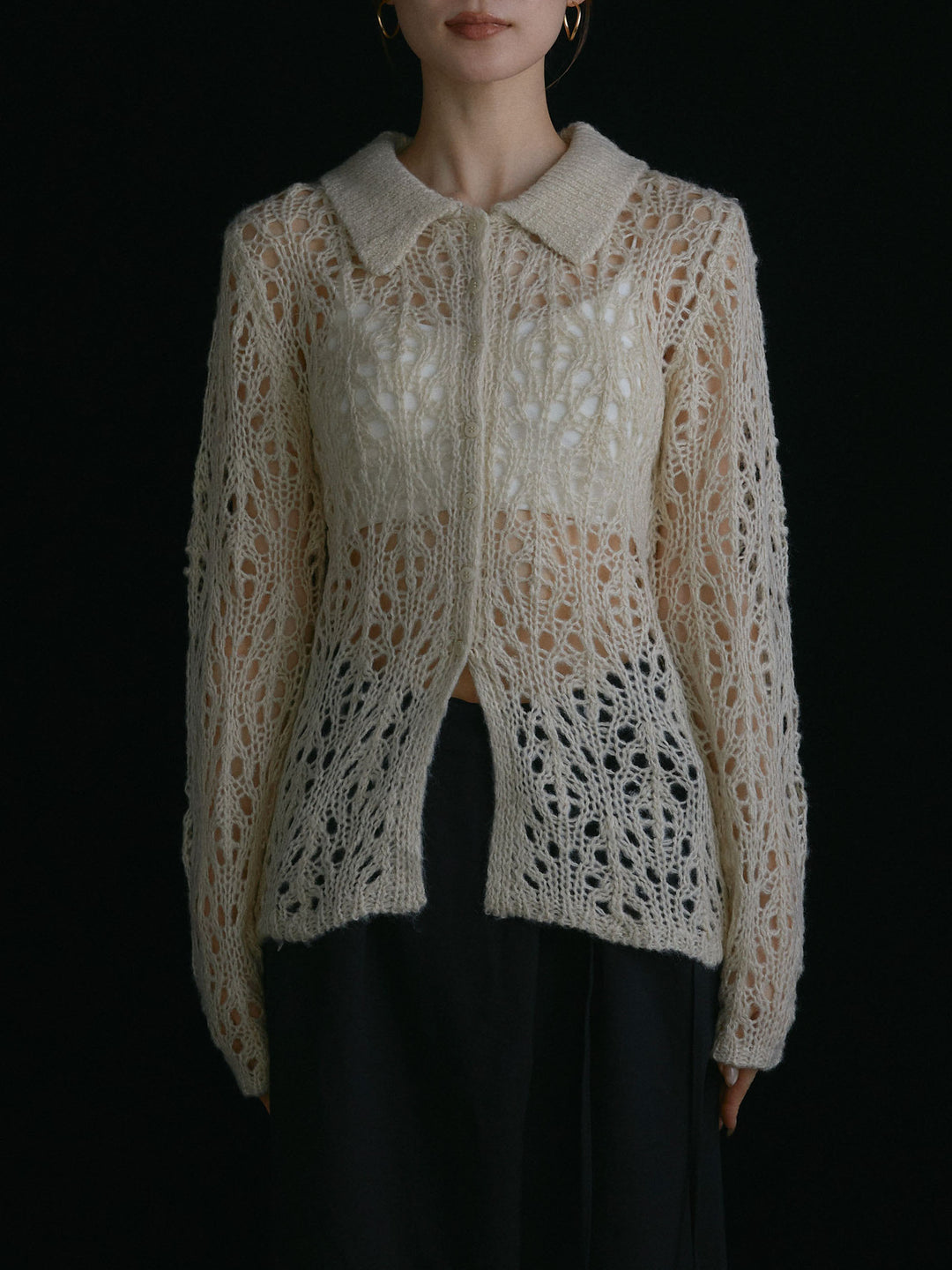 [予約]ローゲージ透かし編みポロニッカーディガン/アイボリー