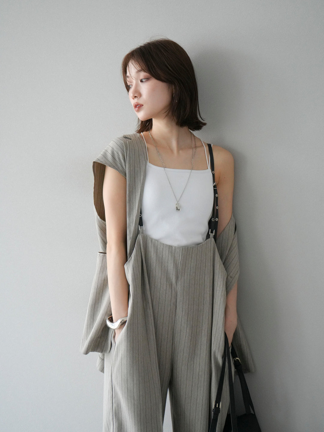 【着回しセット】[SET]ヘリンボーンストライプジレ+シアー切替ベロアトップス+ヘリンボーンストライプサロペット(3set)