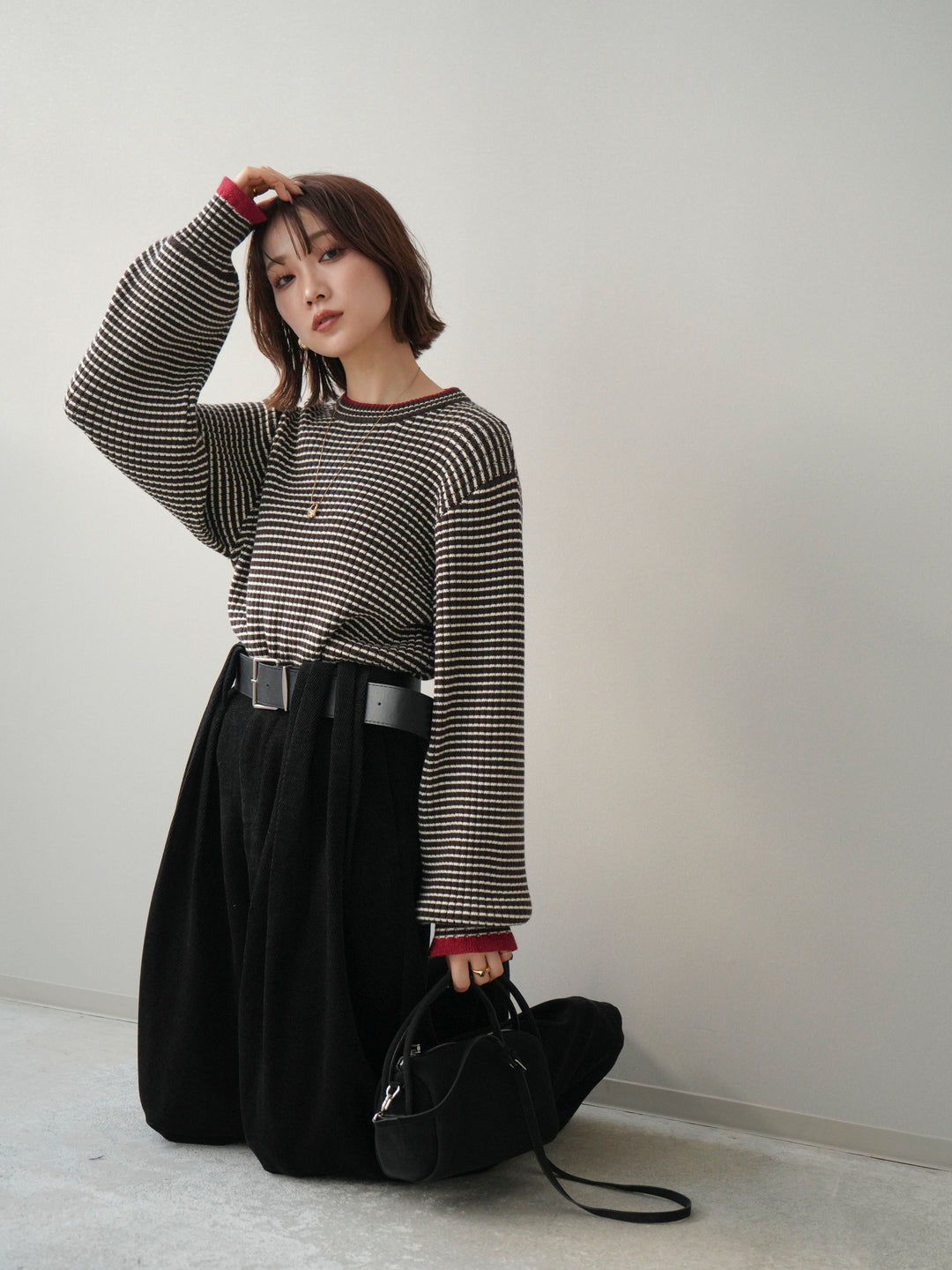 [予約]ラメ異素材ボーダーリブニットプルオーバー/brown×red