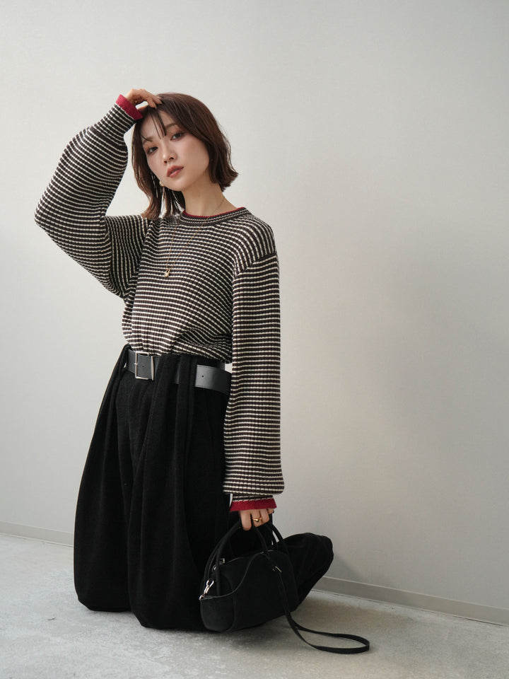 [予約]ラメ異素材ボーダーリブニットプルオーバー/brown×red