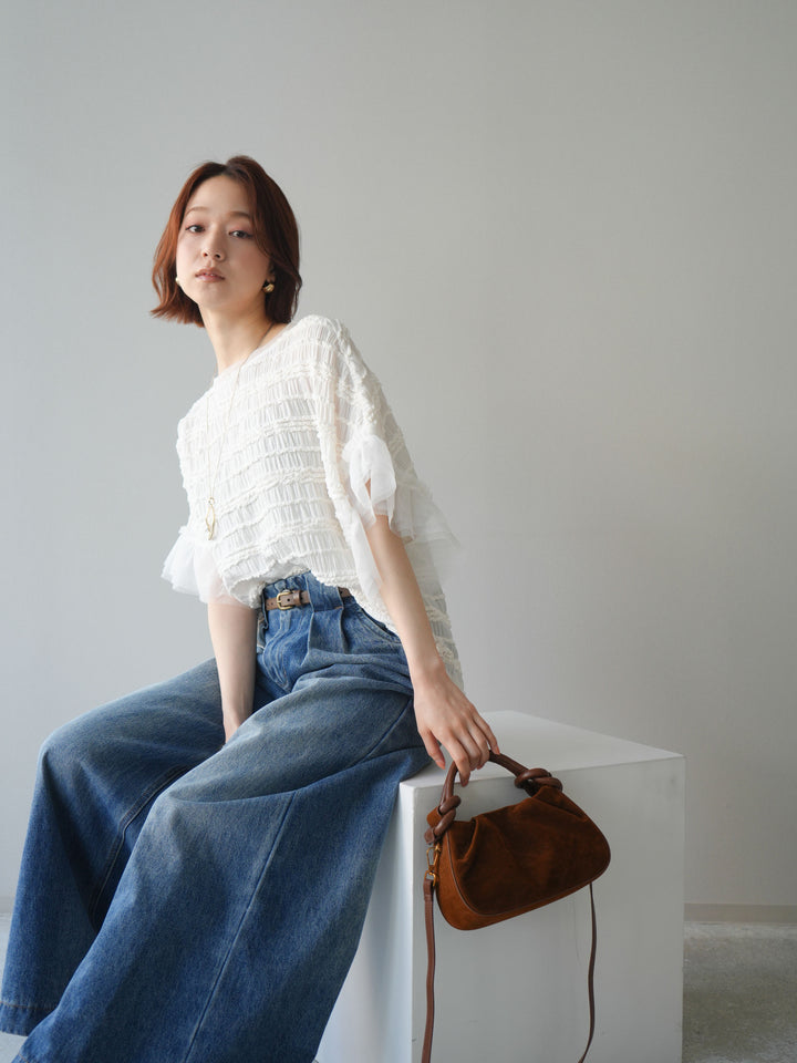 [予約]チュール袖リップルトップス/white