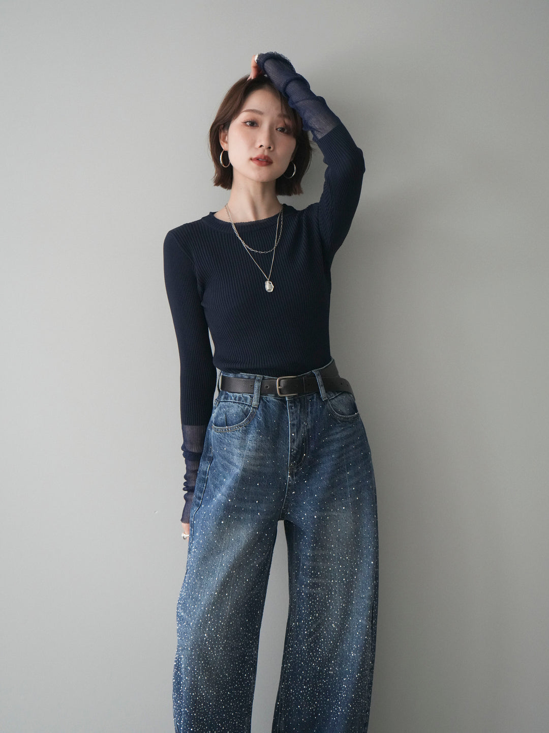 [SET]リブラメシアー切替リブニットトップス+ラインストーンカーブデニムパンツ(2set)