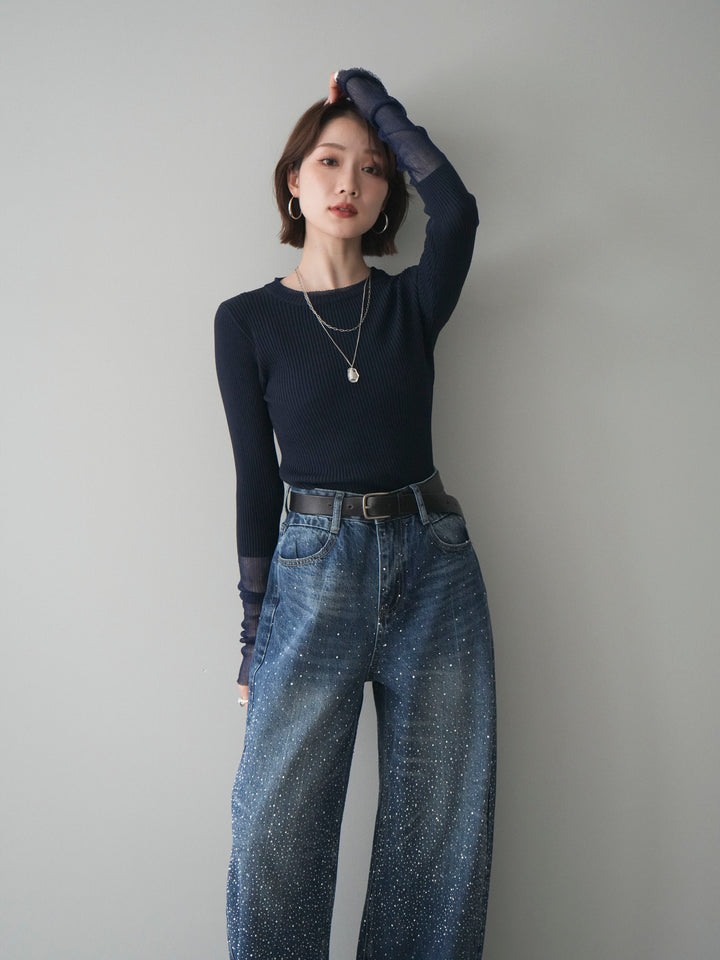 [SET]リブラメシアー切替リブニットトップス+ラインストーンカーブデニムパンツ(2set)