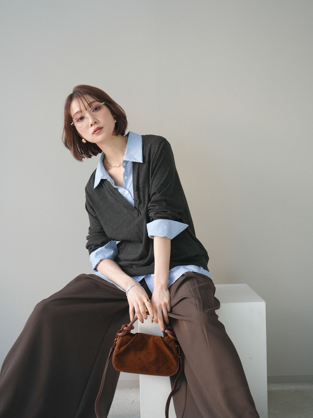 [予約]シャツレイヤードデザインカットプルオーバー/charcoal