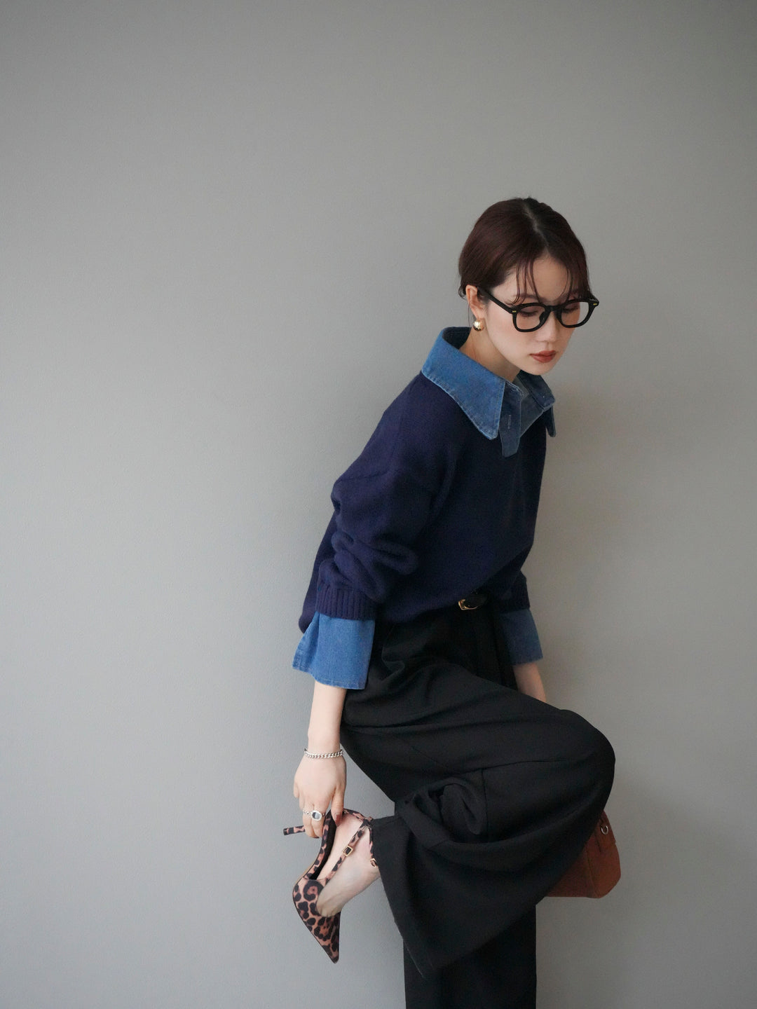 [SET]デニム襟ポロニットプルオーバー+デニム襟ポロニットプルオーバー(2set)