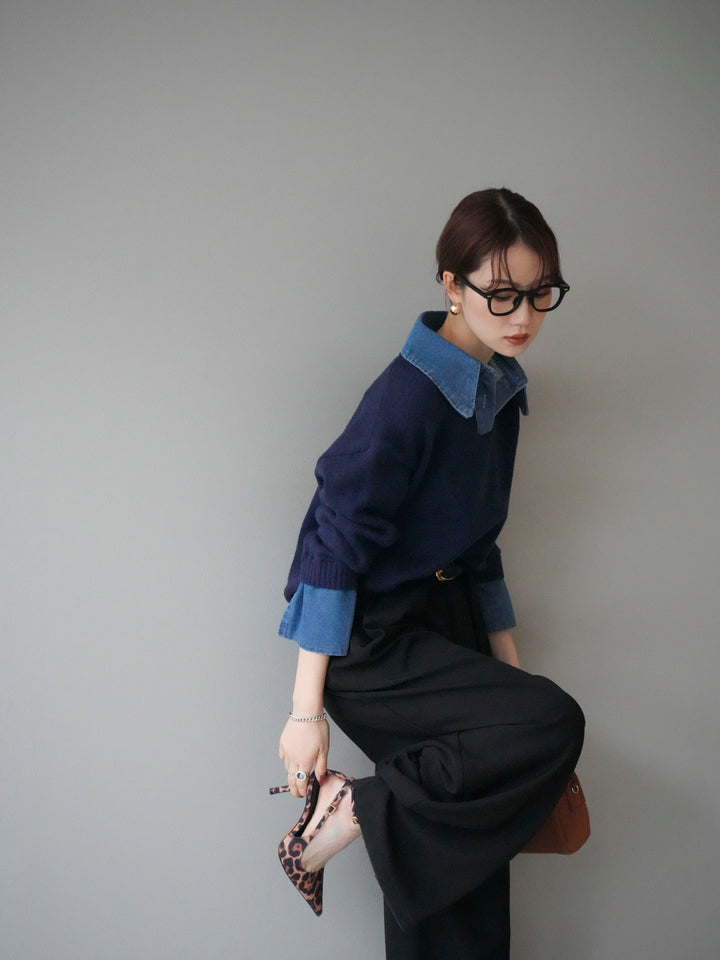 [SET]デニム襟ポロニットプルオーバー+デニム襟ポロニットプルオーバー(2set)