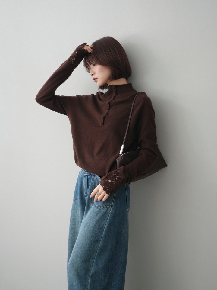 [SET]袖スカラップレースフロントボタンウールニットトップス+ベルト付裏起毛カーブデニムパンツ(2set)