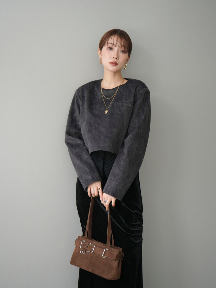 [予約]リブニットレイヤードスエードプルオーバー/charcoal