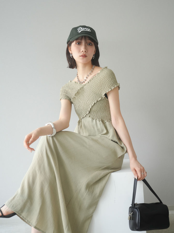 [予約]シャーリングクロスワンピース/グレージュ