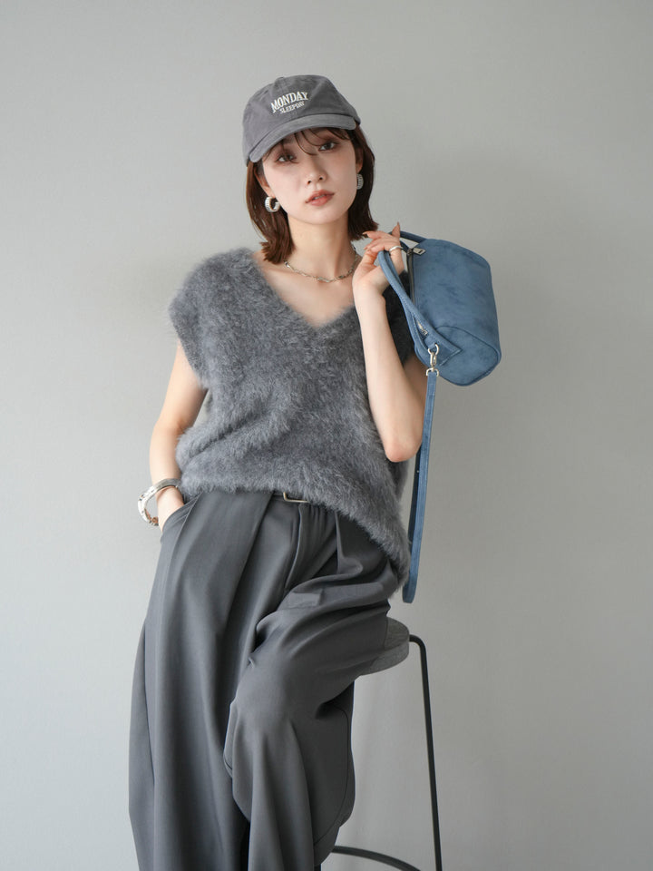 [SET]ラメシャギーVネックニットベスト+ベルトループデザインワイドパンツ(2set)