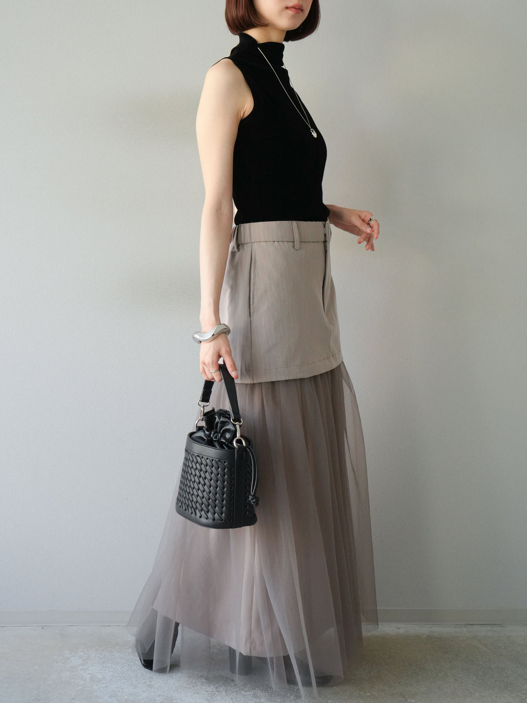 [予約]ストライプ切替チュールスカート/ベージュ