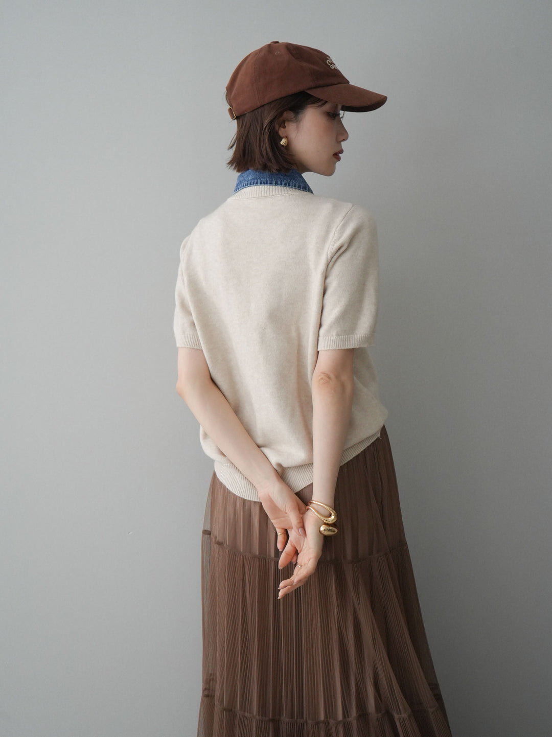 [予約]デニム襟ボタンハーフスリーブニットプルオーバー/beige