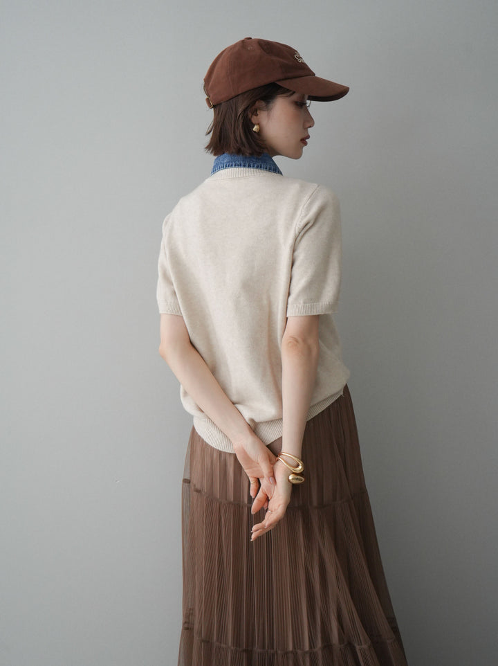 [予約]デニム襟ボタンハーフスリーブニットプルオーバー/beige