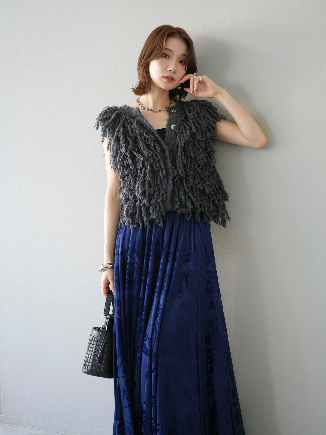 [SET]フリンジループニットベスト+アンティーク柄フロッキーマキシスカート(2set)