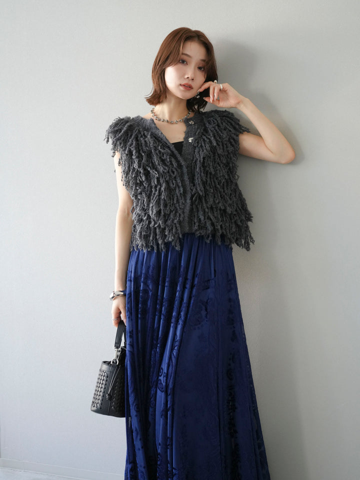 [SET]フリンジループニットベスト+アンティーク柄フロッキーマキシスカート(2set)