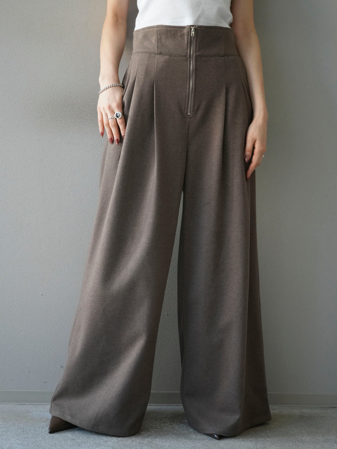 [予約]ウールタッチフロントジップパンツ/mocha