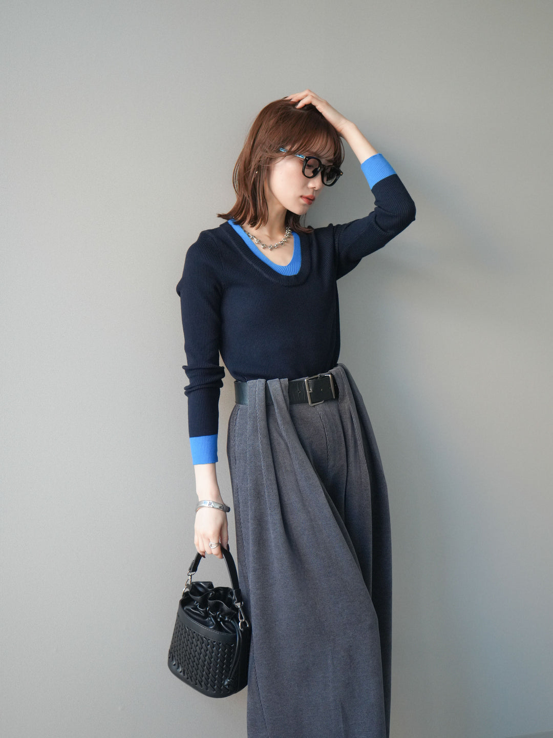 [SET]Uネック配色レイヤードリブニットトップス+選べるアクセセット(2set)