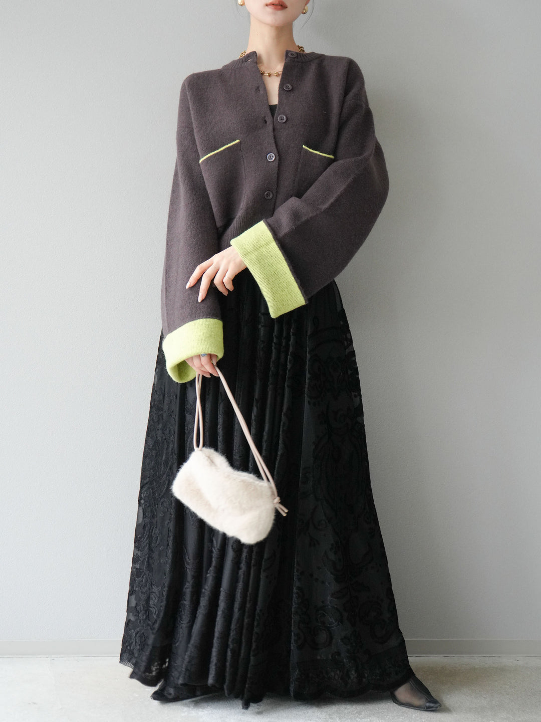 [SET]バイカラーオーバーニットカーディガン+アンティーク柄フロッキーマキシスカート(2set)