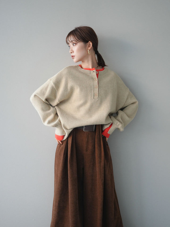 [予約]ヘンリーネック配色レイヤードニットプルオーバー/beige
