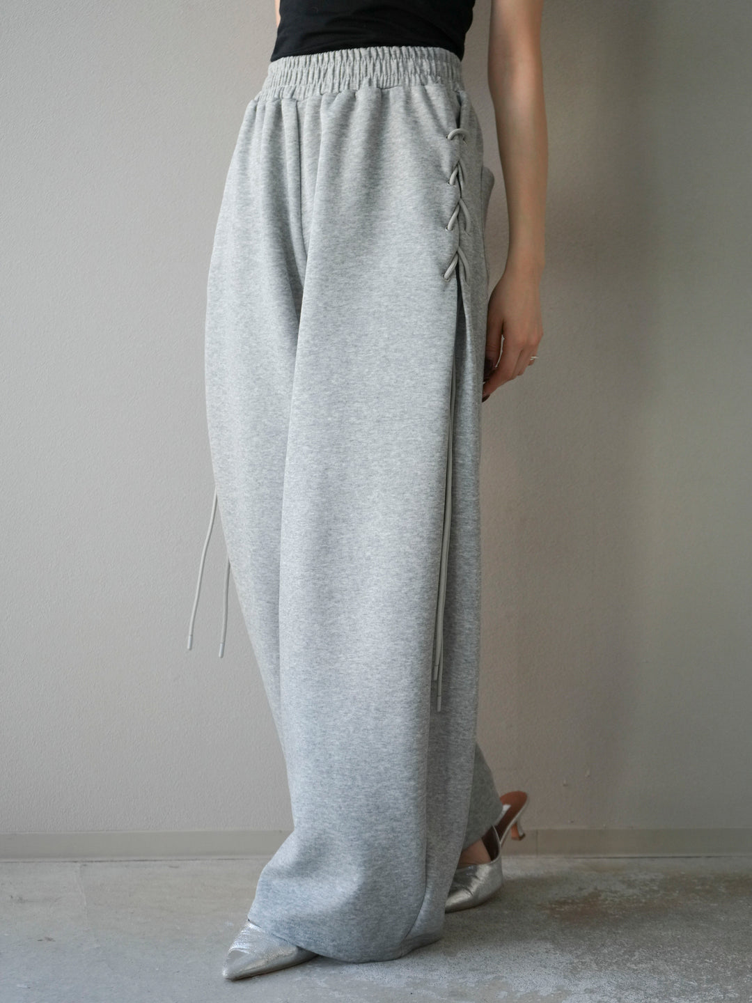 [予約]サイドレースアップスウェットワイドパンツ/グレー