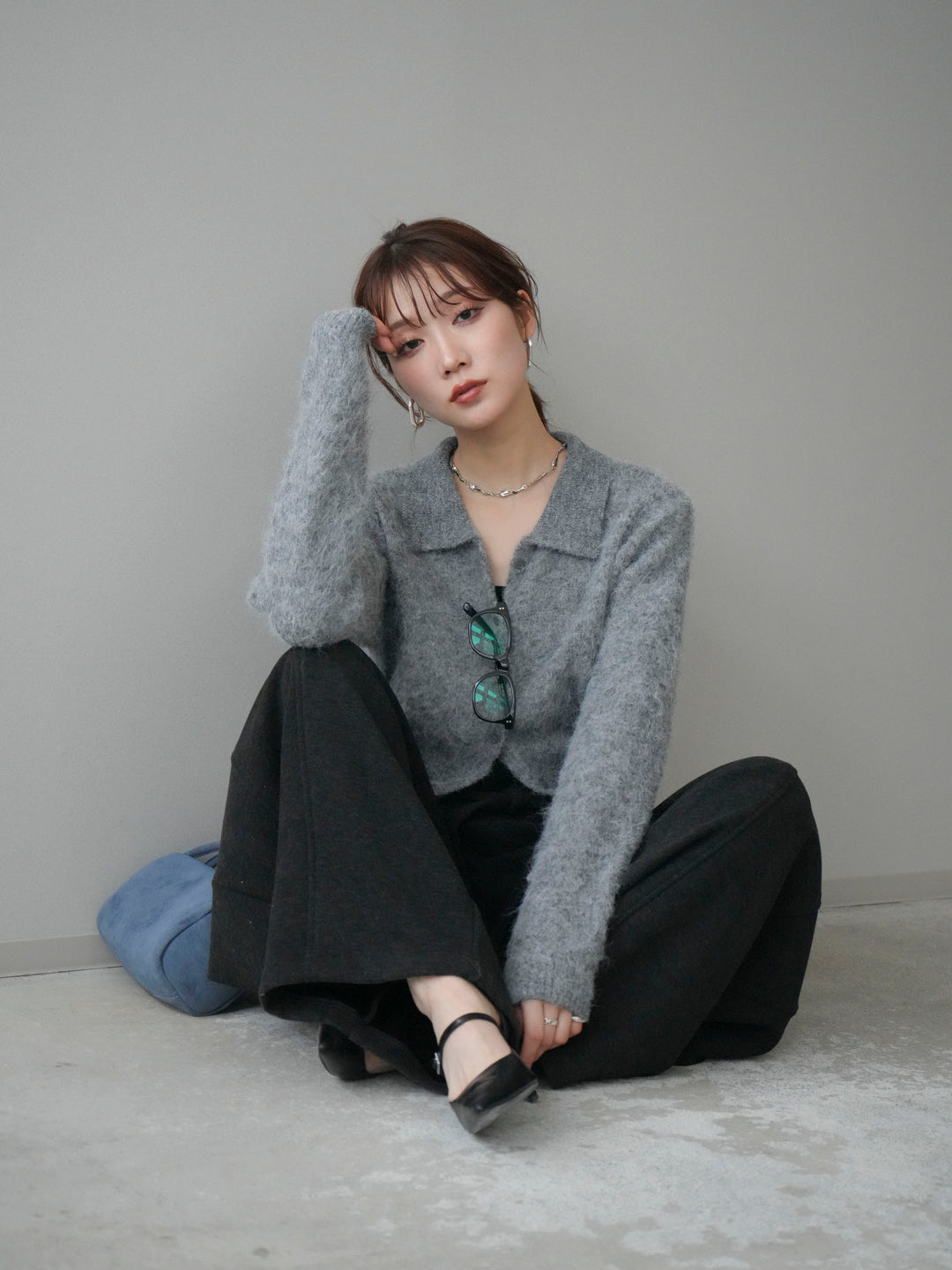 [予約]モヘア衿付きボタンプルオーバー/charcoal