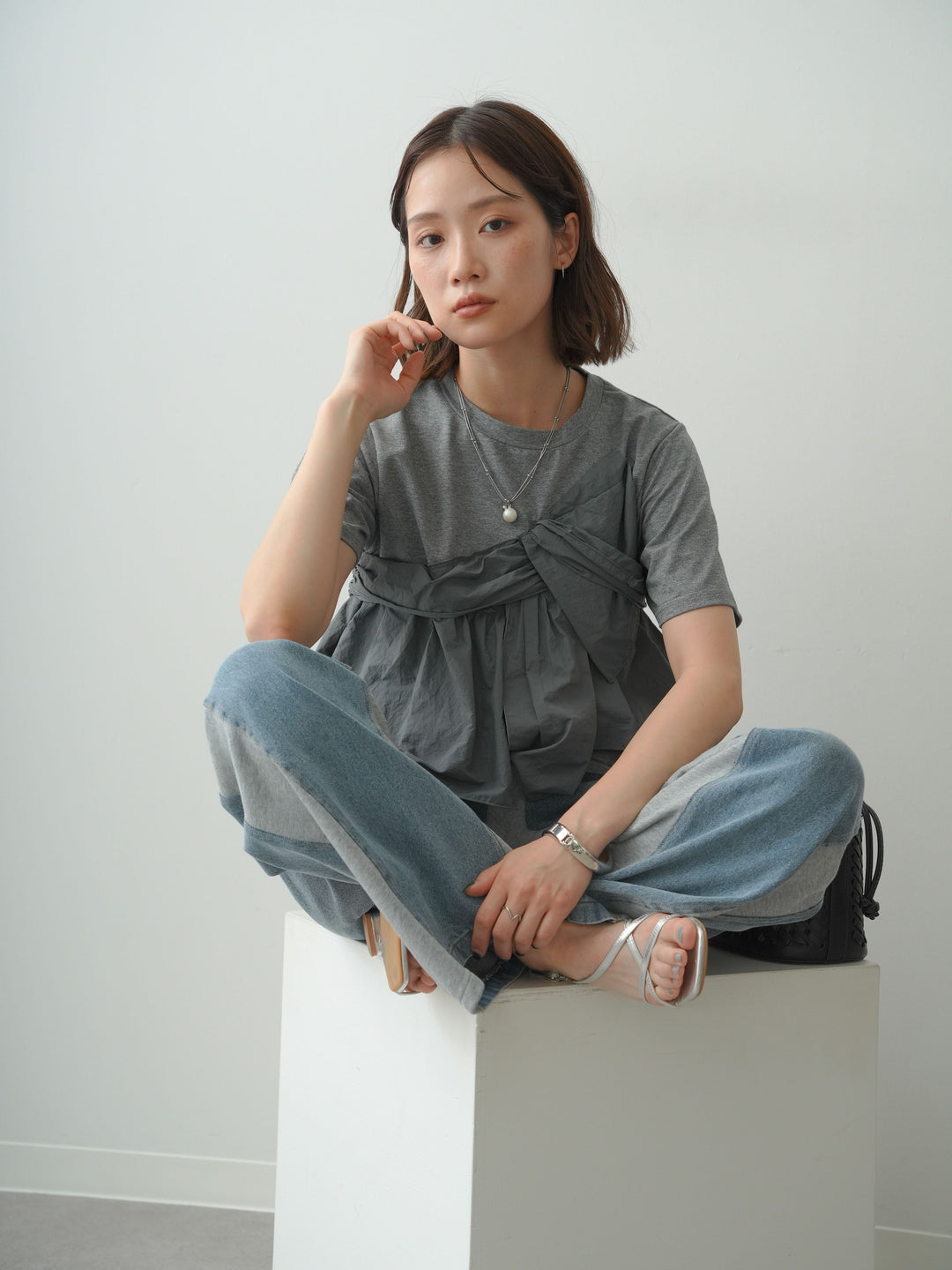 [SET]ナイロンドッキングツイストTEE +デニム切替スウェットパンツ(2set)